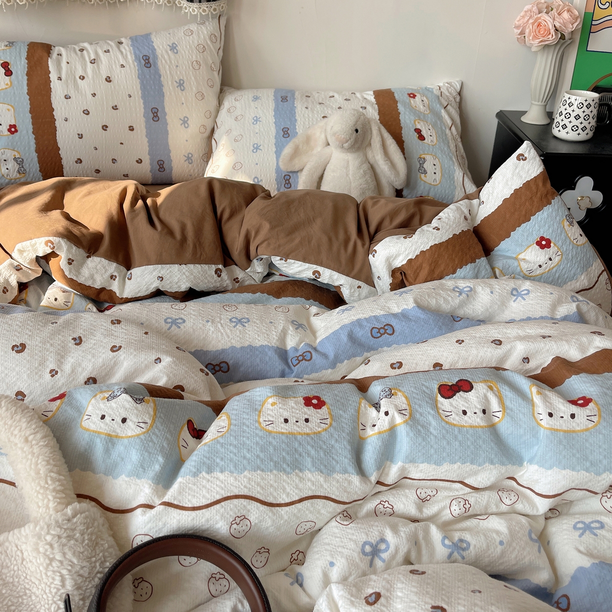 91家纺网 家纺一手货源 找家纺 沐芷 2026 高克重110g泡芙棉四件套A类床上用品被套宿舍床单三件套【提供买家秀】 可可猫条