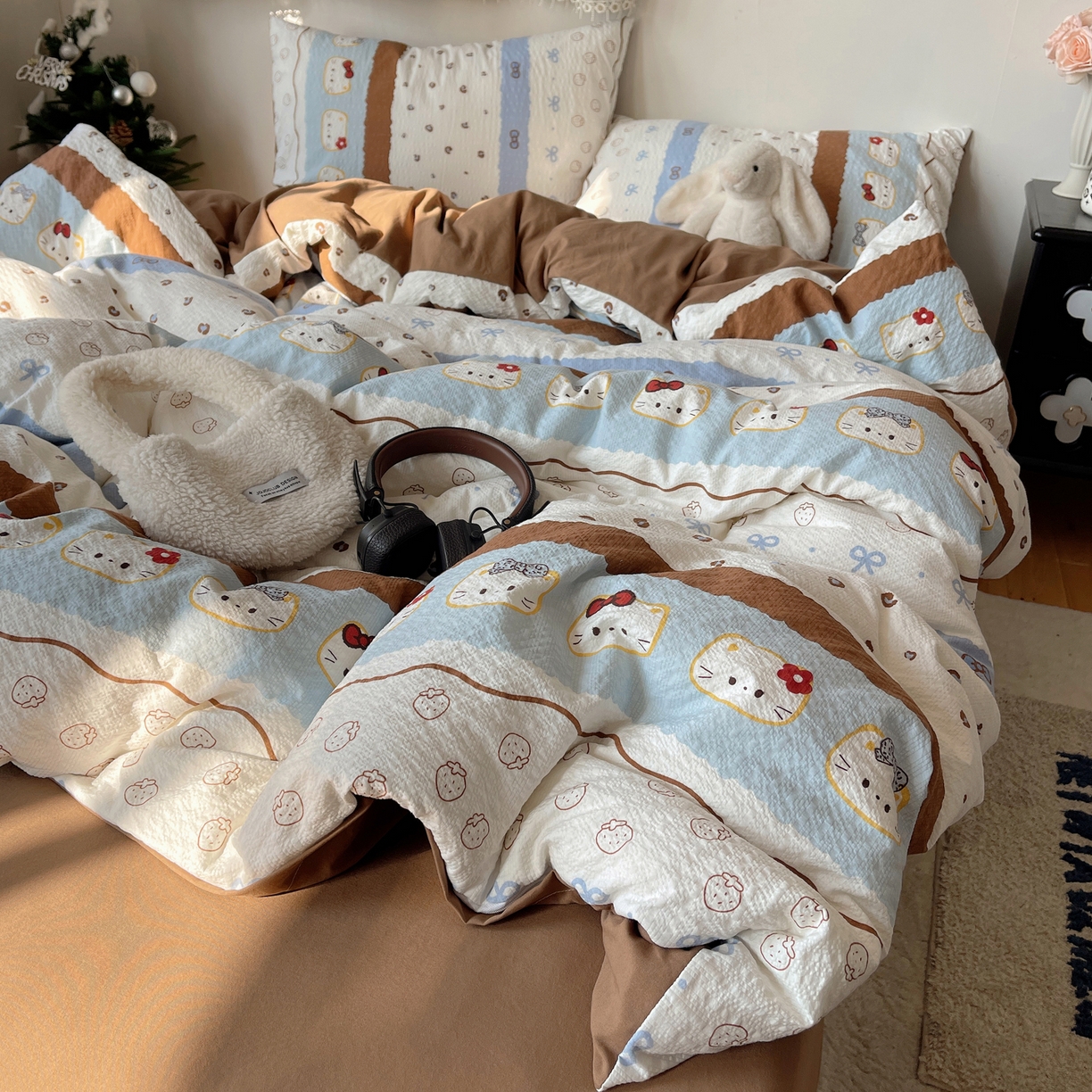 91家纺网 家纺一手货源 找家纺 沐芷 2026 高克重110g泡芙棉四件套A类床上用品被套宿舍床单三件套【提供买家秀】 可可猫条