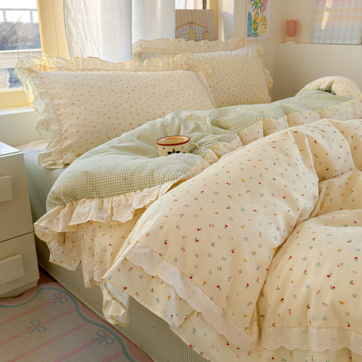 91家纺网 家纺一手货源 找家纺 乐童家纺 2026新款纯棉双层花边小清新系列四件套 蝶扑衣