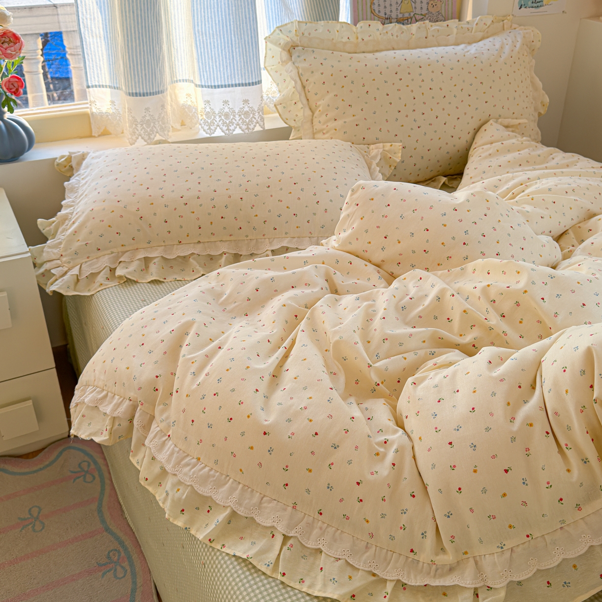 91家纺网 家纺一手货源 找家纺 乐童家纺 2026新款纯棉双层花边小清新系列四件套 蝶扑衣