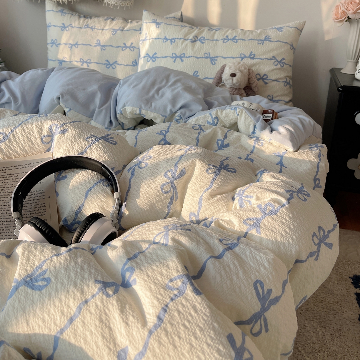 沐芷 2026 高克重110g泡芙棉四件套A类床上用品被套宿舍床单三件套【提供买家秀】 蓝丝带