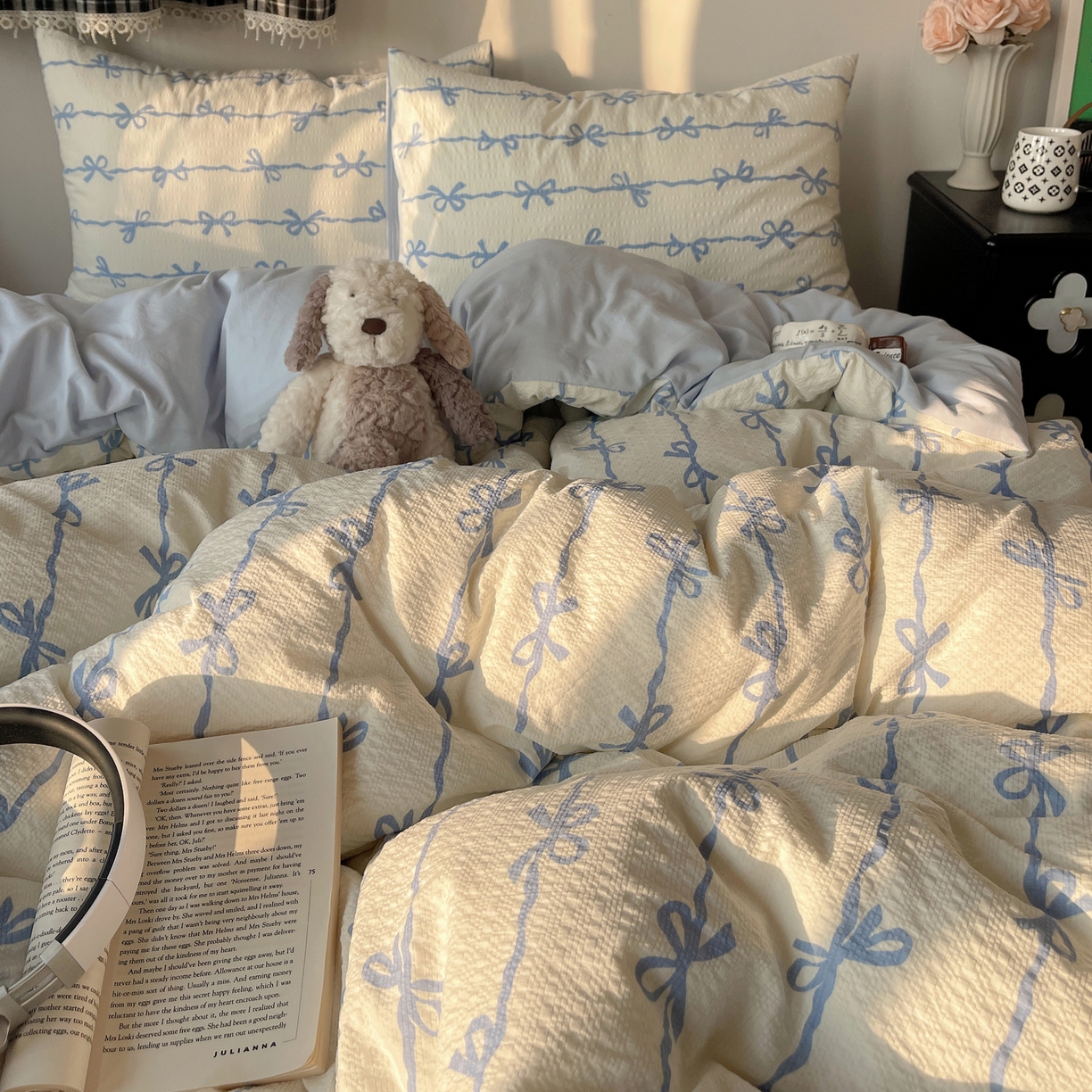 91家纺网 家纺一手货源 找家纺 沐芷 2026 高克重110g泡芙棉四件套A类床上用品被套宿舍床单三件套【提供买家秀】 蓝丝带