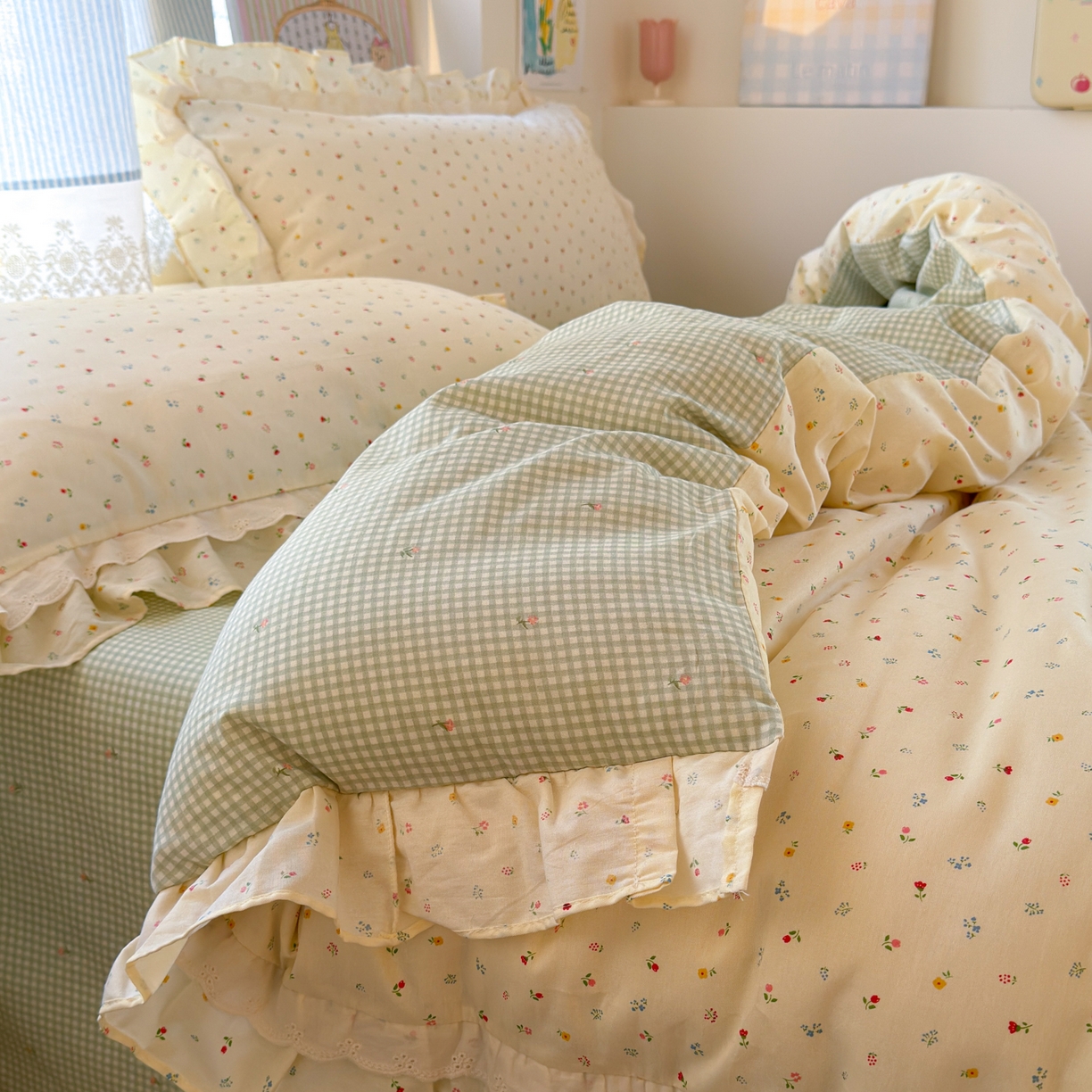 91家纺网 家纺一手货源 找家纺 乐童家纺 2026新款纯棉双层花边小清新系列四件套 蝶扑衣