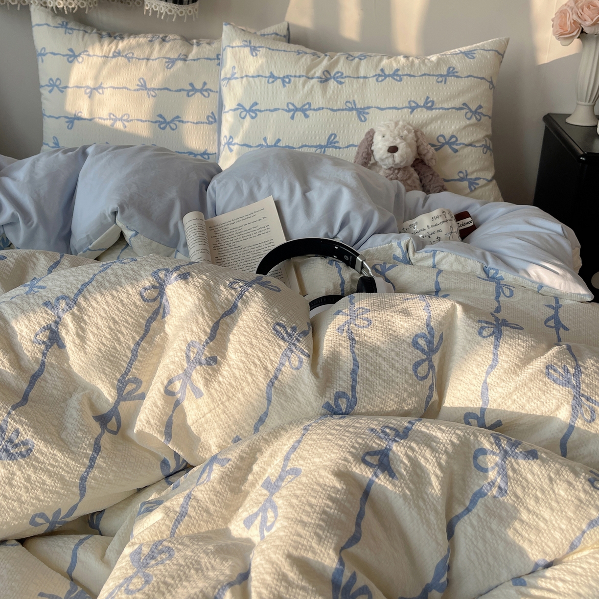 91家纺网 家纺一手货源 找家纺 沐芷 2026 高克重110g泡芙棉四件套A类床上用品被套宿舍床单三件套【提供买家秀】 蓝丝带