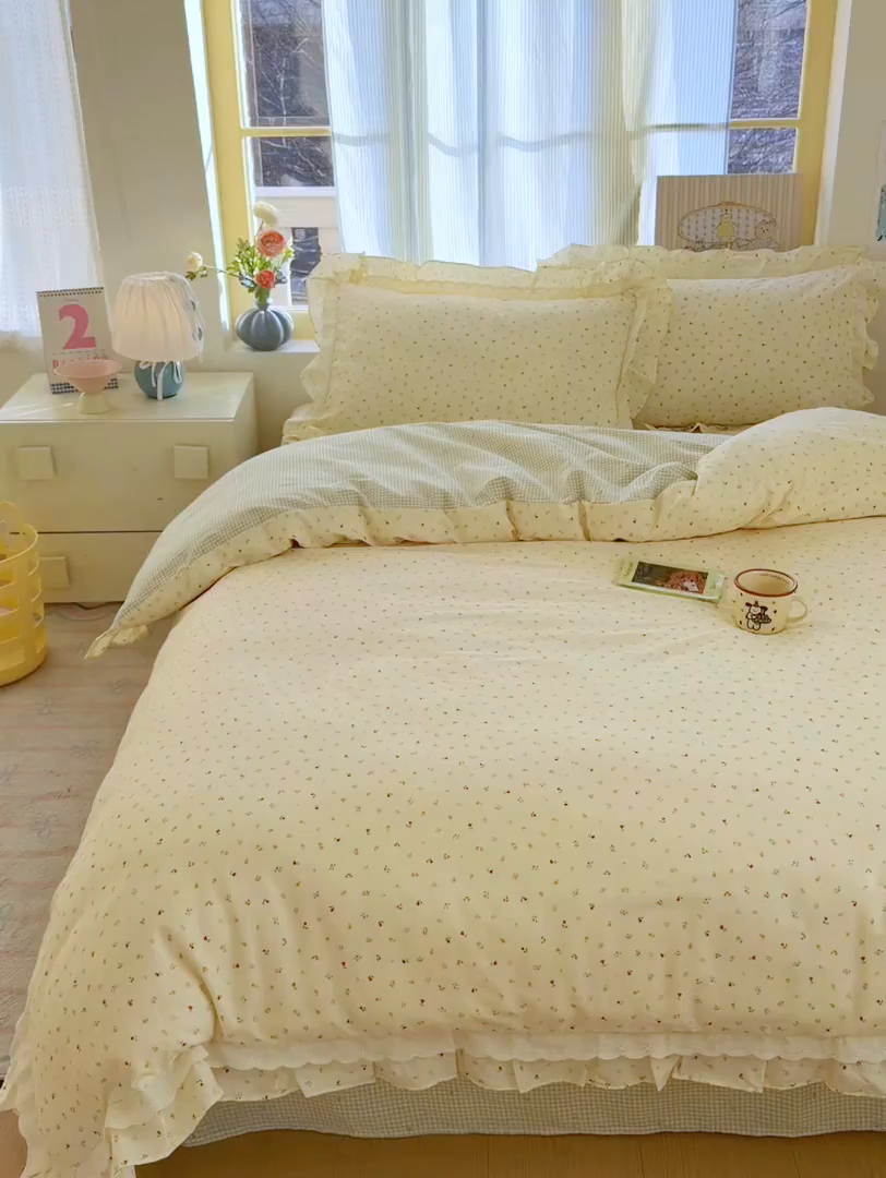 91家纺网 家纺一手货源 找家纺 乐童家纺 2026新款纯棉双层花边小清新系列四件套 蝶扑衣