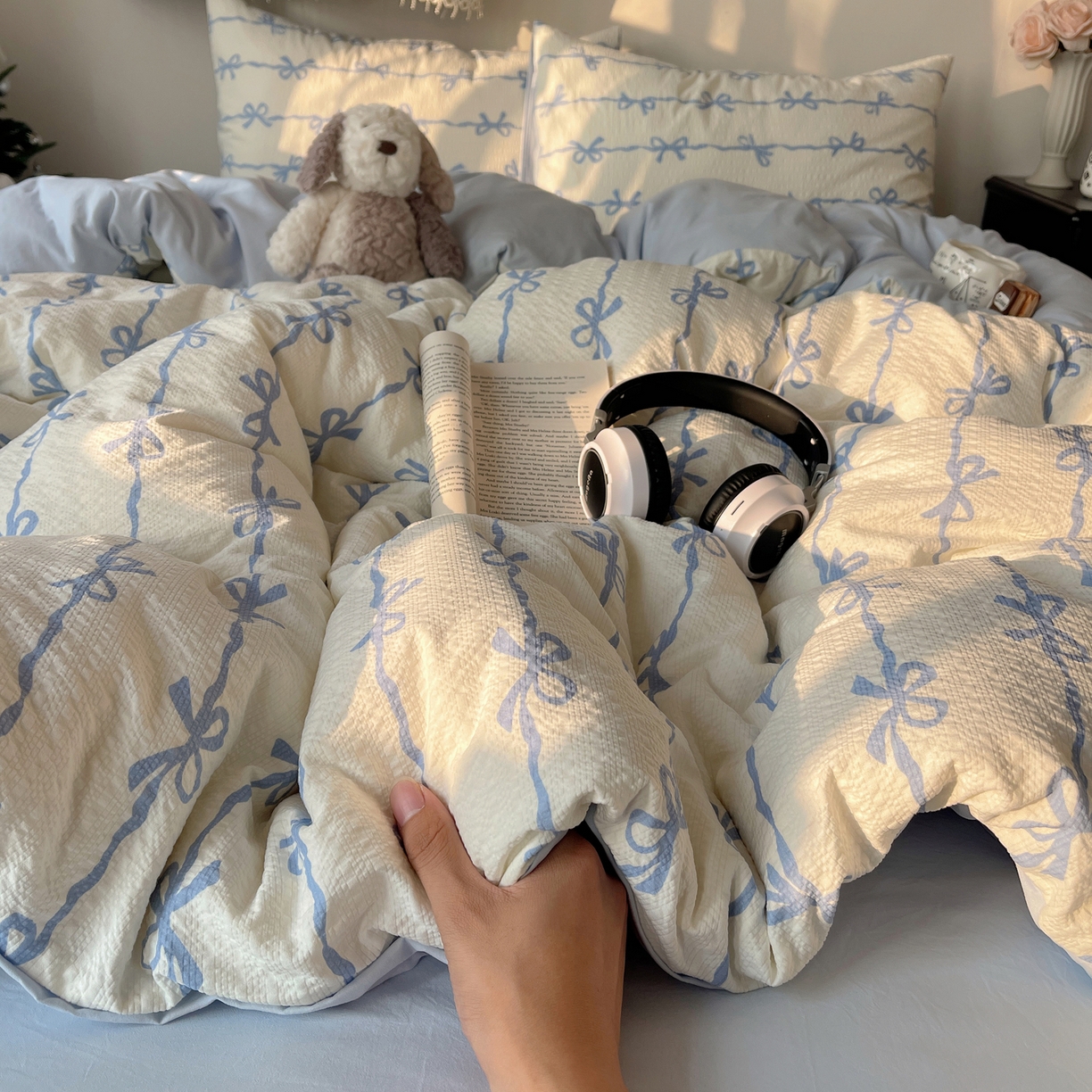 91家纺网 家纺一手货源 找家纺 沐芷 2026 高克重110g泡芙棉四件套A类床上用品被套宿舍床单三件套【提供买家秀】 蓝丝带