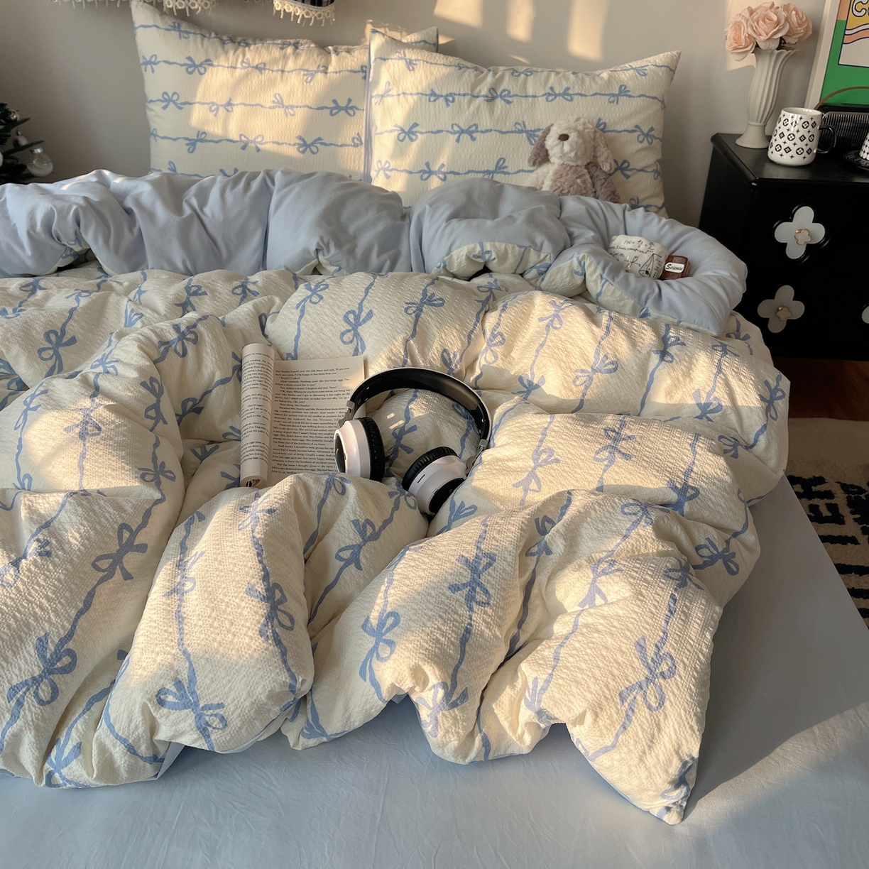 91家纺网 家纺一手货源 找家纺 沐芷 2026 高克重110g泡芙棉四件套A类床上用品被套宿舍床单三件套【提供买家秀】 蓝丝带