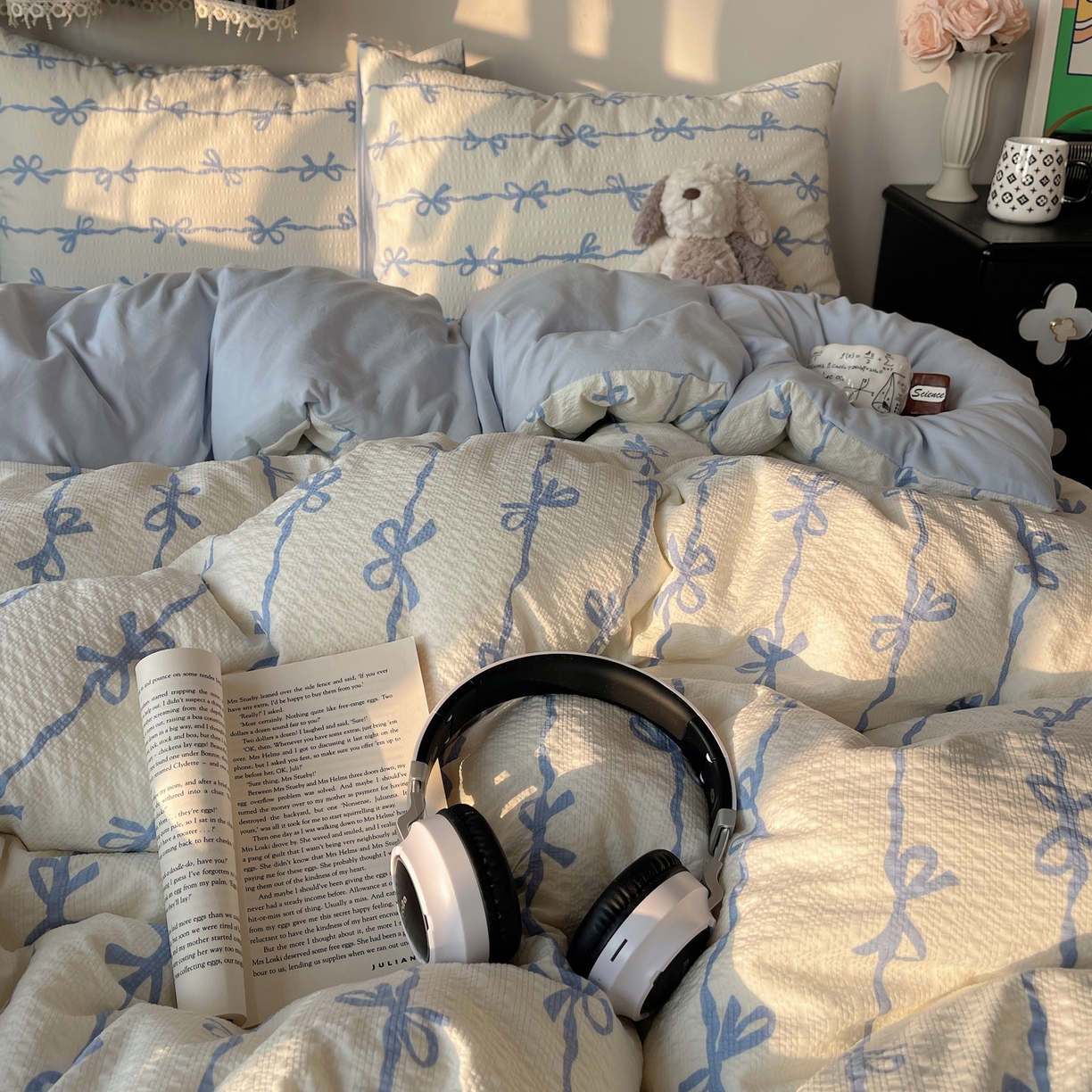 91家纺网 家纺一手货源 找家纺 沐芷 2026 高克重110g泡芙棉四件套A类床上用品被套宿舍床单三件套【提供买家秀】 蓝丝带