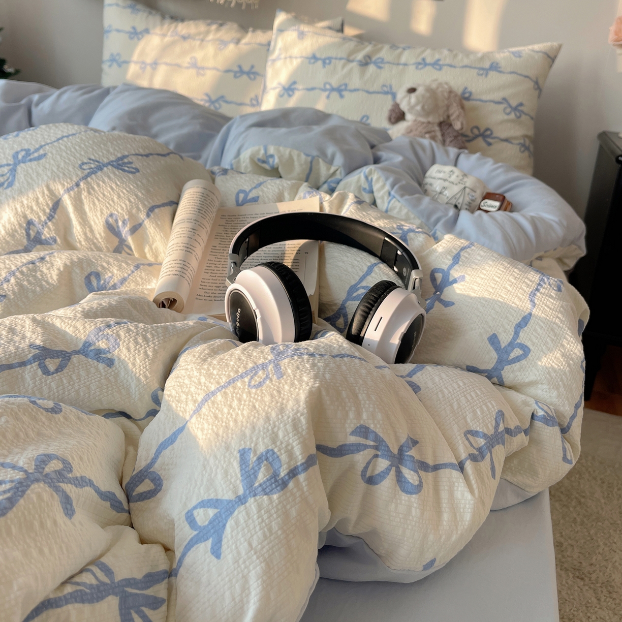 91家纺网 家纺一手货源 找家纺 沐芷 2026 高克重110g泡芙棉四件套A类床上用品被套宿舍床单三件套【提供买家秀】 蓝丝带