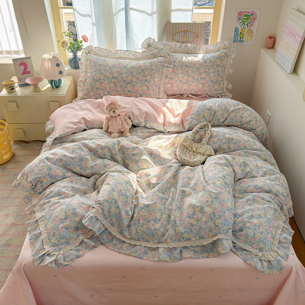 91家纺网 家纺一手货源 找家纺 乐童家纺 2026新款纯棉双层花边小清新系列四件套 岚花绪