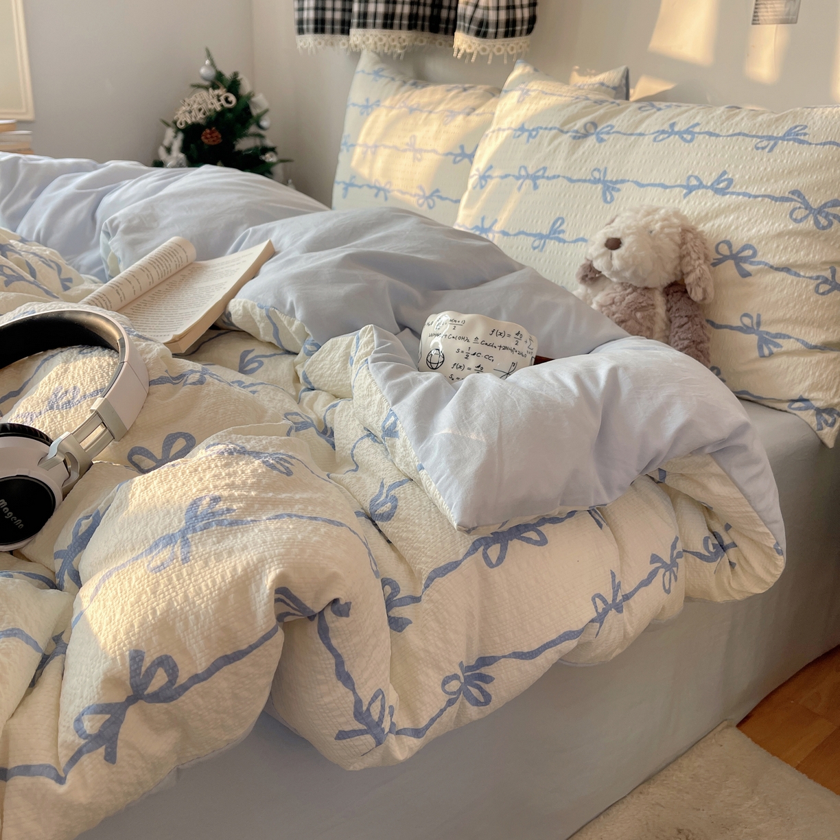 91家纺网 家纺一手货源 找家纺 沐芷 2026 高克重110g泡芙棉四件套A类床上用品被套宿舍床单三件套【提供买家秀】 蓝丝带