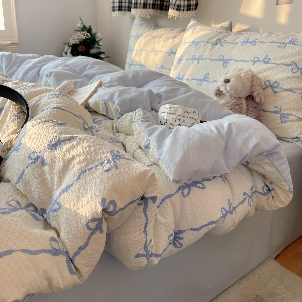 91家纺网 家纺一手货源 找家纺 沐芷 2026 高克重110g泡芙棉四件套A类床上用品被套宿舍床单三件套【提供买家秀】 蓝丝带