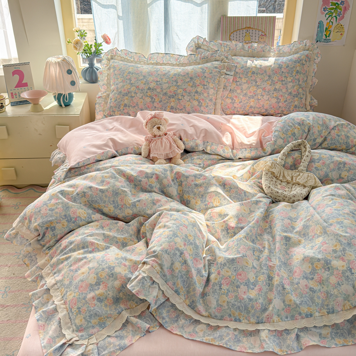 91家纺网 家纺一手货源 找家纺 乐童家纺 2026新款纯棉双层花边小清新系列四件套 岚花绪