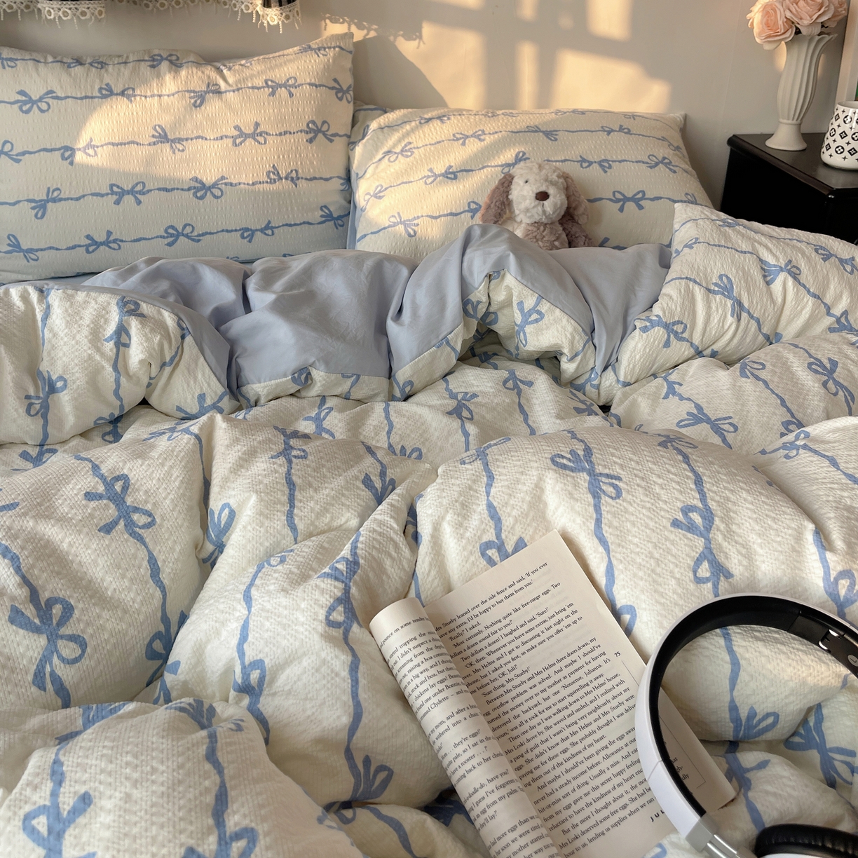 91家纺网 家纺一手货源 找家纺 沐芷 2026 高克重110g泡芙棉四件套A类床上用品被套宿舍床单三件套【提供买家秀】 蓝丝带