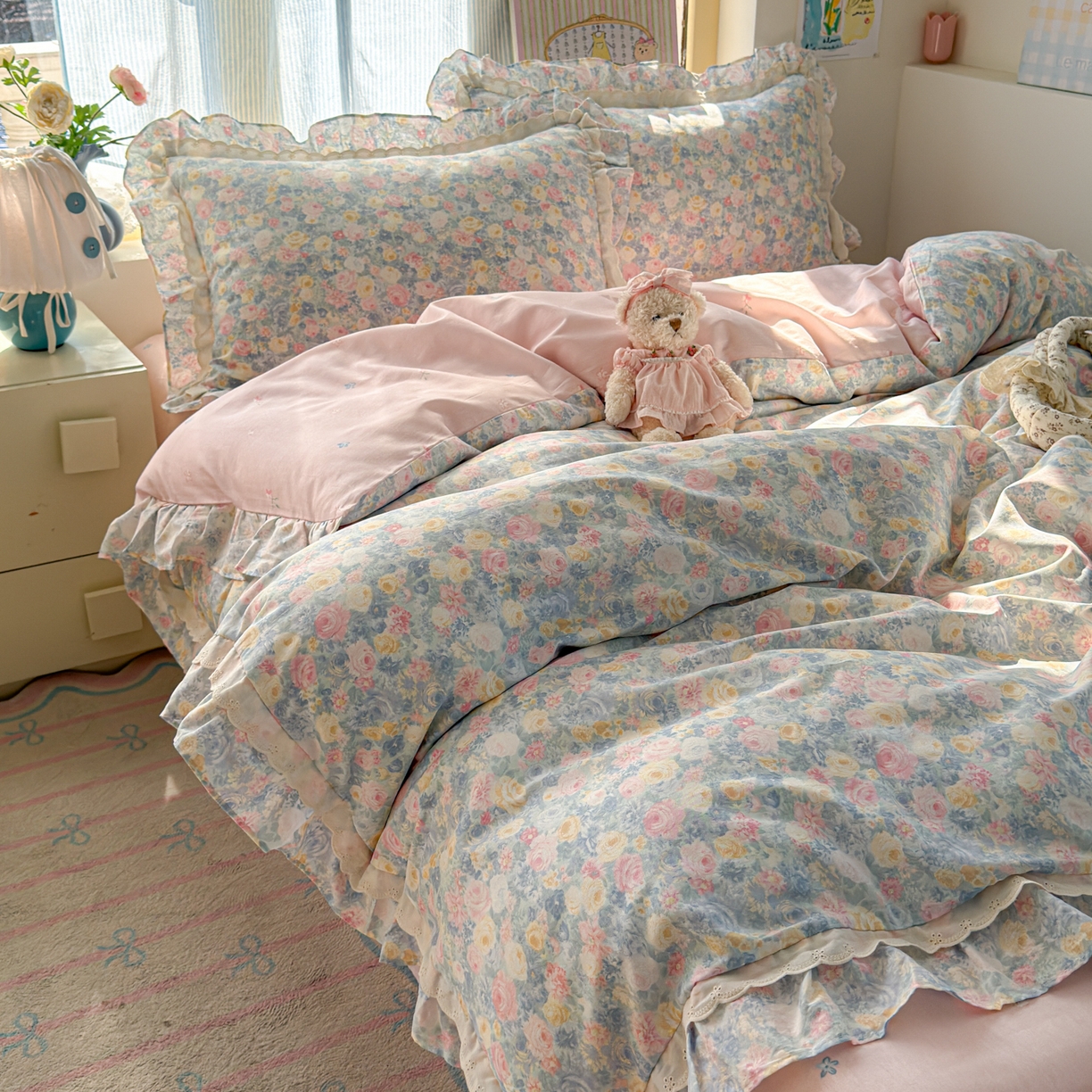 91家纺网 家纺一手货源 找家纺 乐童家纺 2026新款纯棉双层花边小清新系列四件套 岚花绪