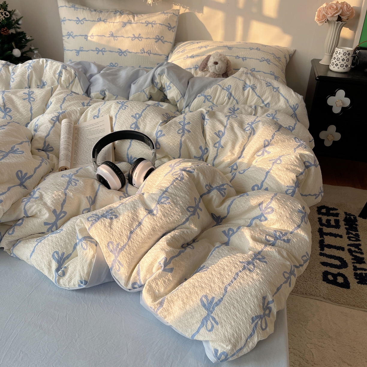 91家纺网 家纺一手货源 找家纺 沐芷 2026 高克重110g泡芙棉四件套A类床上用品被套宿舍床单三件套【提供买家秀】 蓝丝带