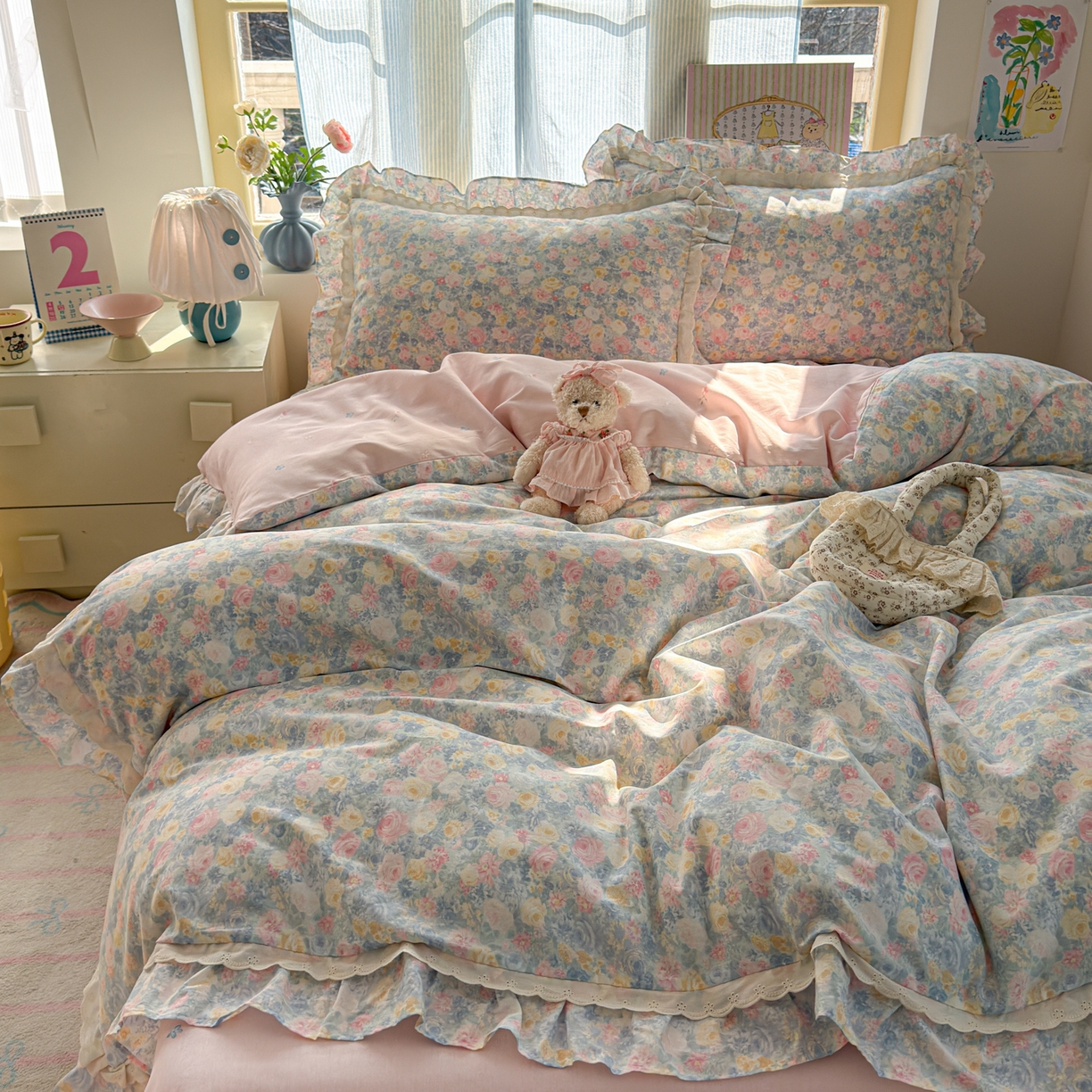 91家纺网 家纺一手货源 找家纺 乐童家纺 2026新款纯棉双层花边小清新系列四件套 岚花绪