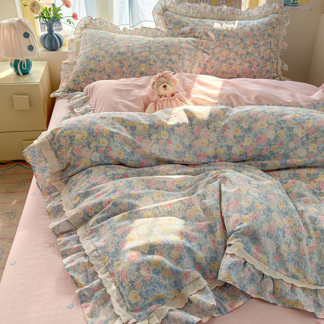 91家纺网 家纺一手货源 找家纺 乐童家纺 2026新款纯棉双层花边小清新系列四件套 岚花绪