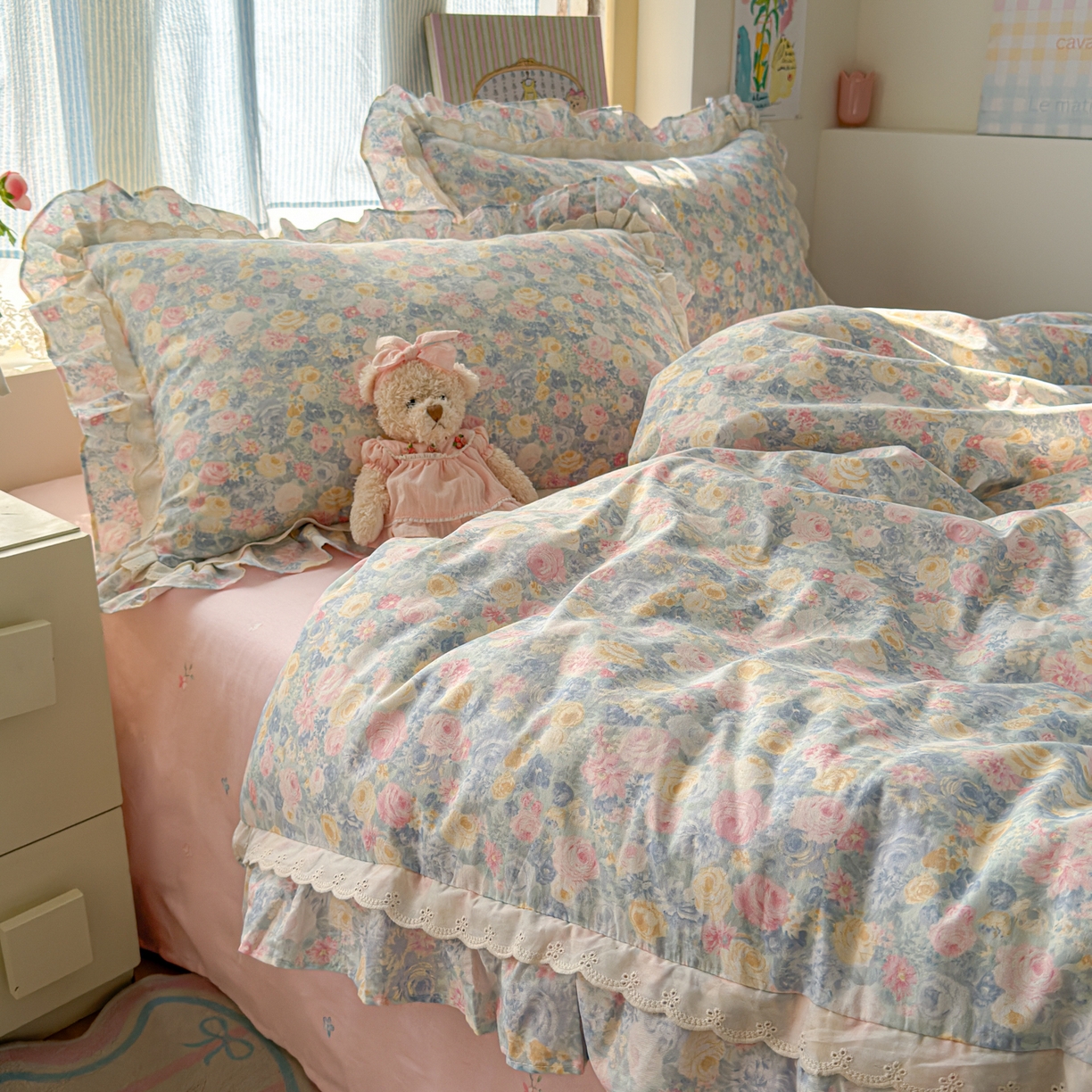 91家纺网 家纺一手货源 找家纺 乐童家纺 2026新款纯棉双层花边小清新系列四件套 岚花绪