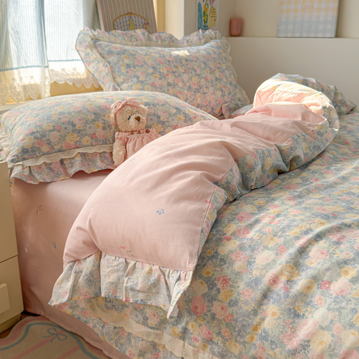 91家纺网 家纺一手货源 找家纺 乐童家纺 2026新款纯棉双层花边小清新系列四件套 岚花绪