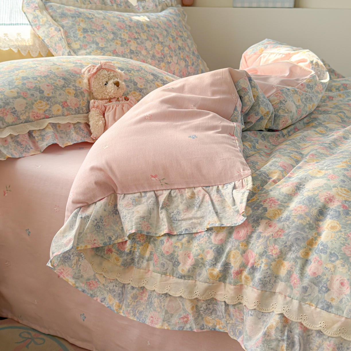 91家纺网 家纺一手货源 找家纺 乐童家纺 2026新款纯棉双层花边小清新系列四件套 岚花绪