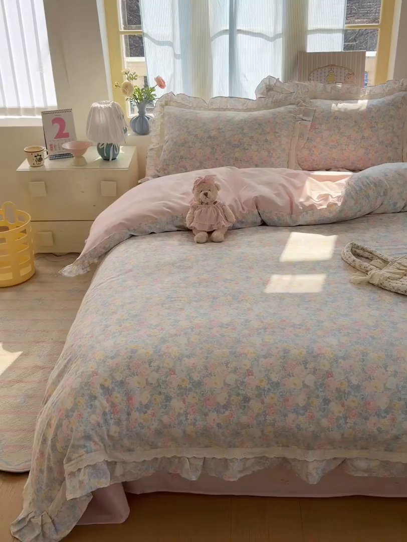 91家纺网 家纺一手货源 找家纺 乐童家纺 2026新款纯棉双层花边小清新系列四件套 岚花绪