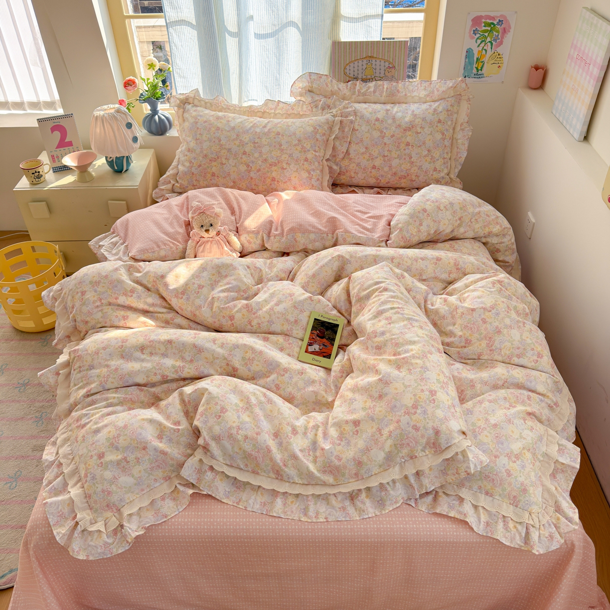 91家纺网 家纺一手货源 找家纺 乐童家纺 2026新款纯棉双层花边小清新系列四件套 玫瑰花园