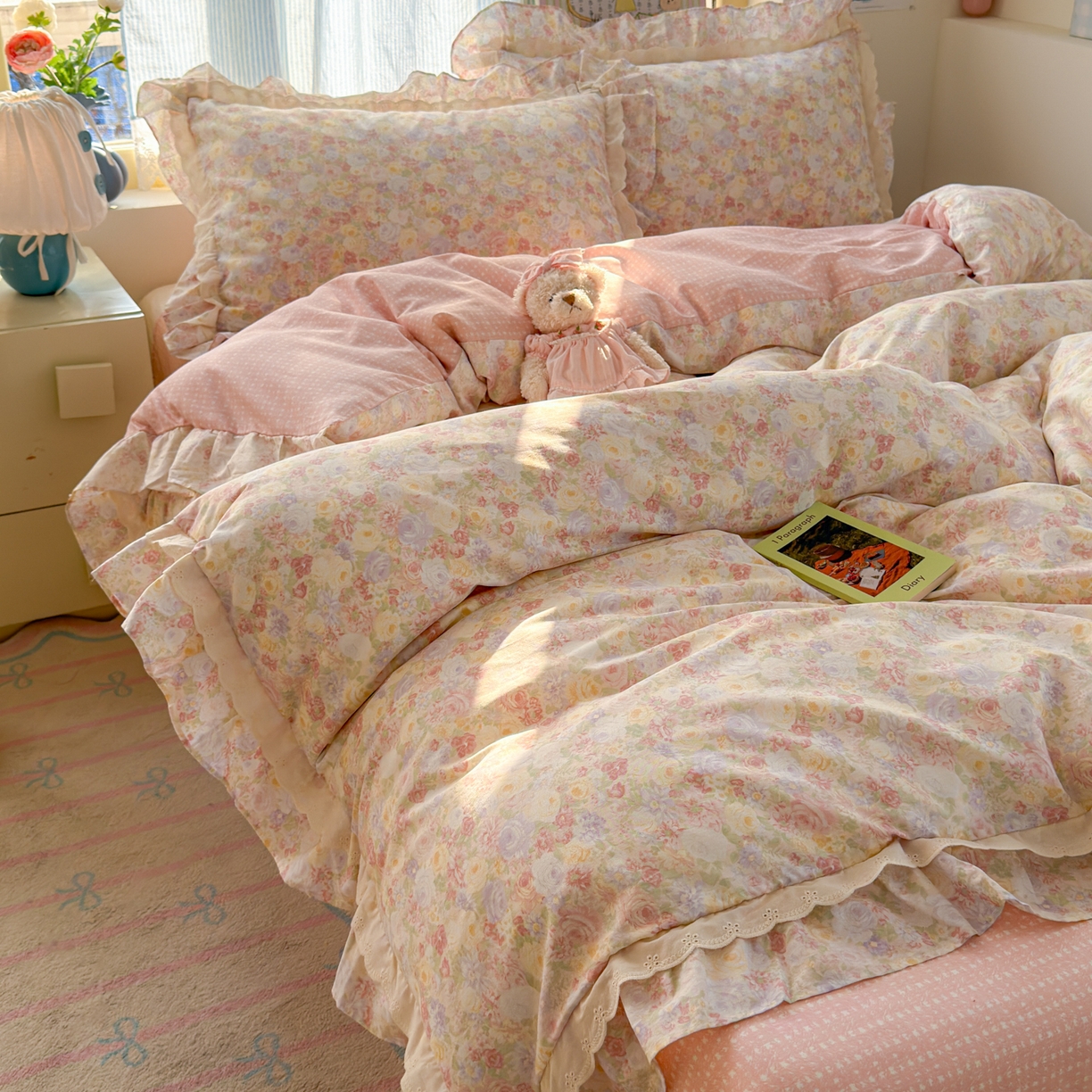 91家纺网 家纺一手货源 找家纺 乐童家纺 2026新款纯棉双层花边小清新系列四件套 玫瑰花园