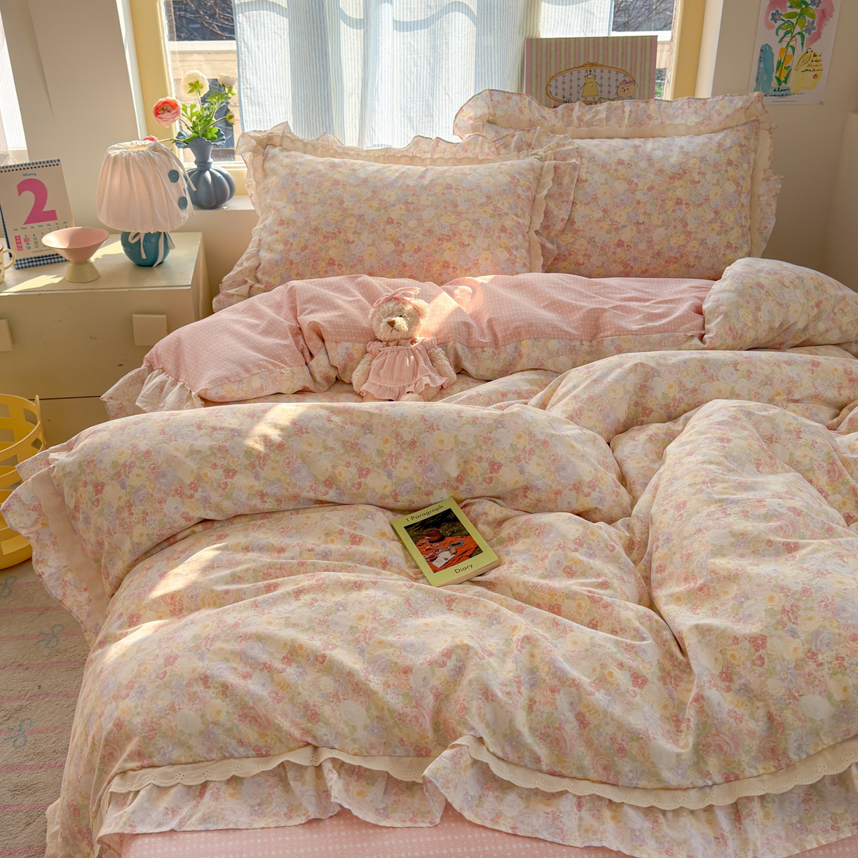 91家纺网 家纺一手货源 找家纺 乐童家纺 2026新款纯棉双层花边小清新系列四件套 玫瑰花园