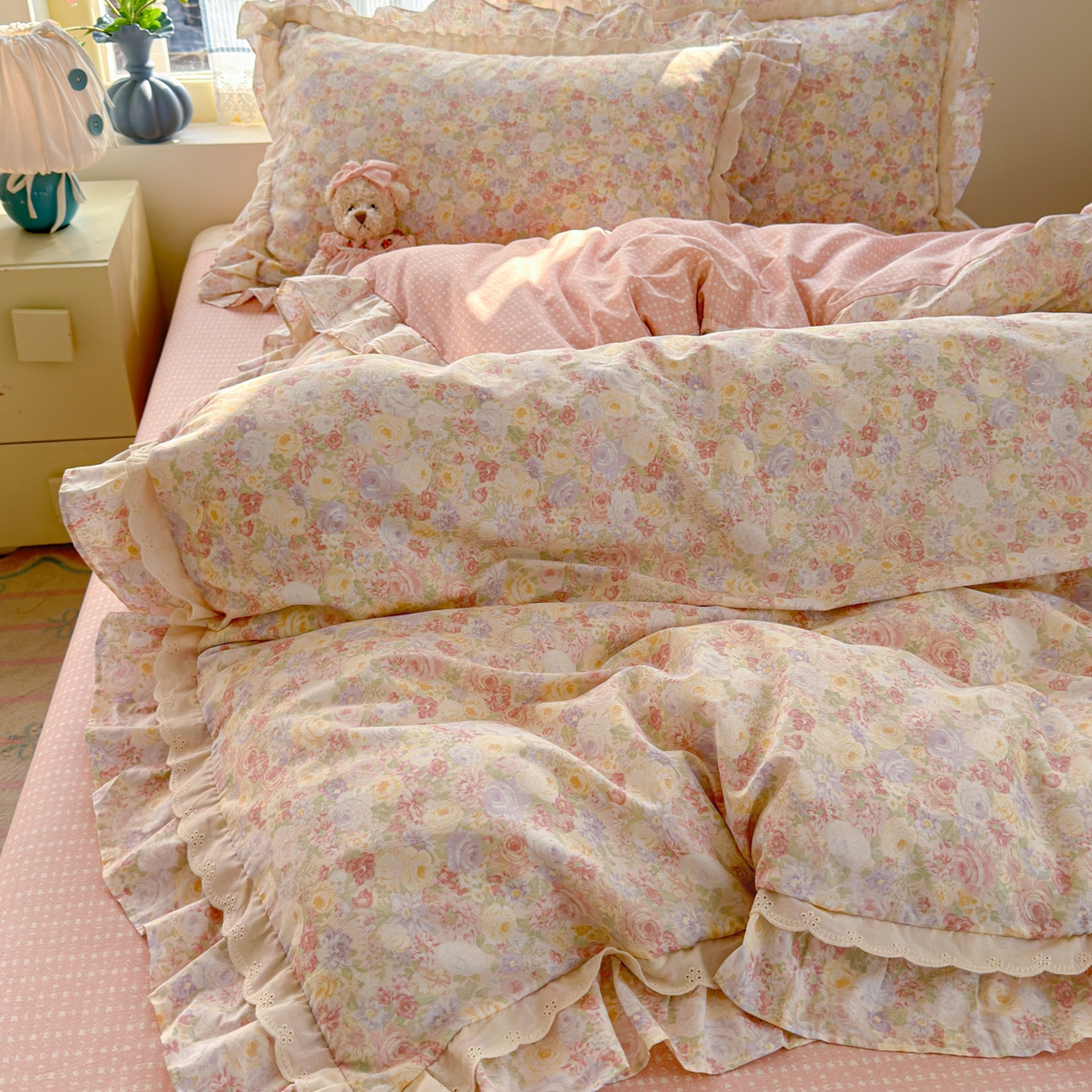 91家纺网 家纺一手货源 找家纺 乐童家纺 2026新款纯棉双层花边小清新系列四件套 玫瑰花园