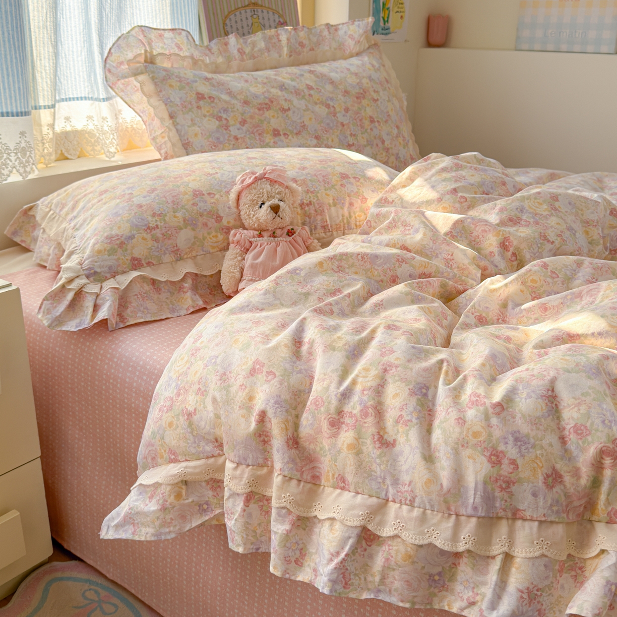 91家纺网 家纺一手货源 找家纺 乐童家纺 2026新款纯棉双层花边小清新系列四件套 玫瑰花园