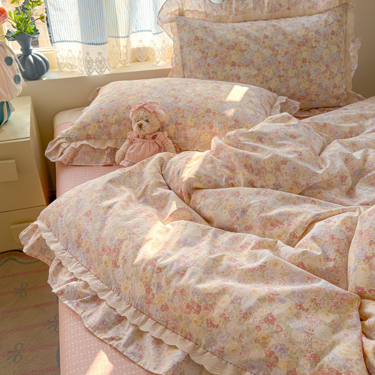 91家纺网 家纺一手货源 找家纺 乐童家纺 2026新款纯棉双层花边小清新系列四件套 玫瑰花园