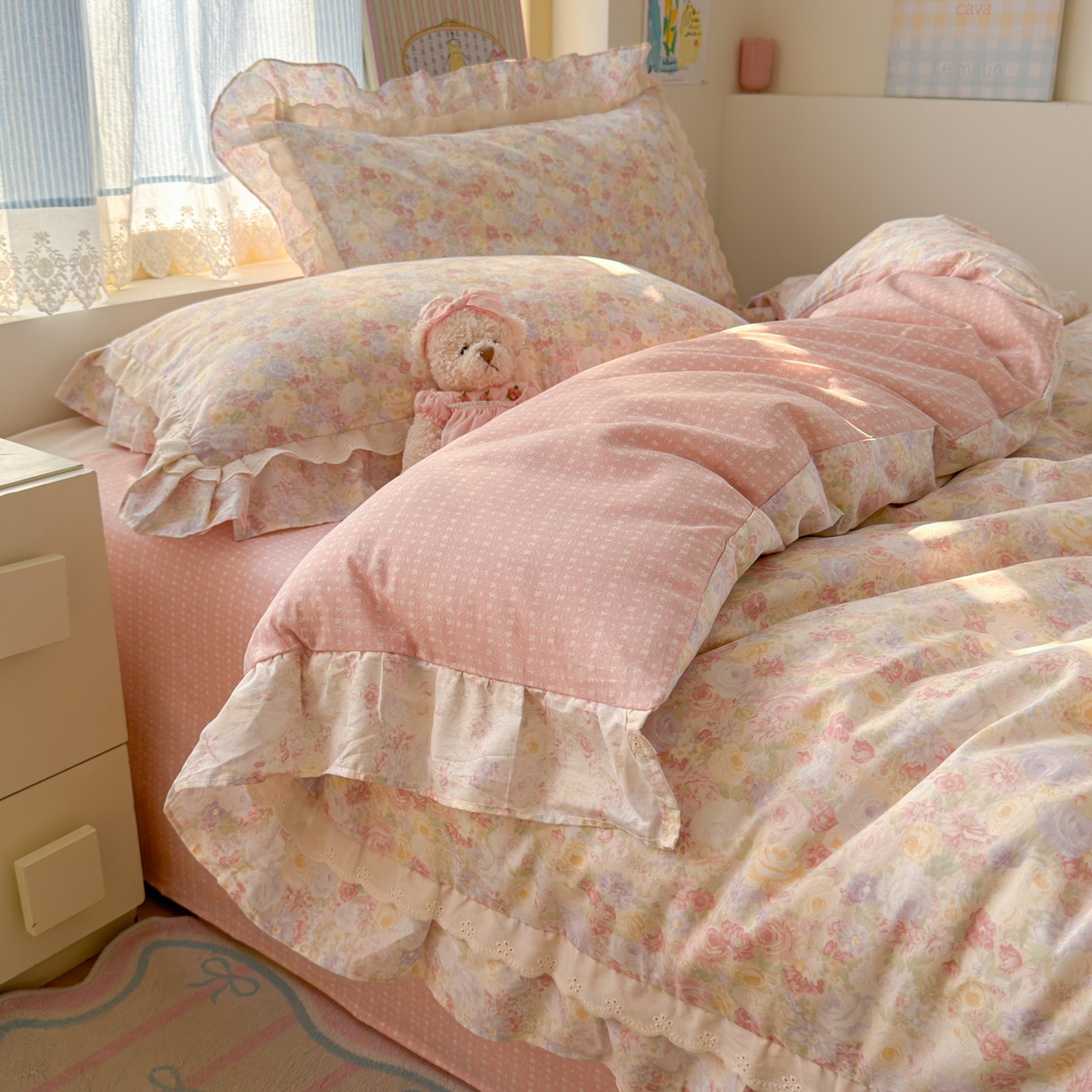 91家纺网 家纺一手货源 找家纺 乐童家纺 2026新款纯棉双层花边小清新系列四件套 玫瑰花园