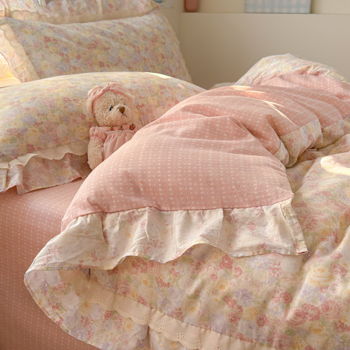 91家纺网 家纺一手货源 找家纺 乐童家纺 2026新款纯棉双层花边小清新系列四件套 玫瑰花园