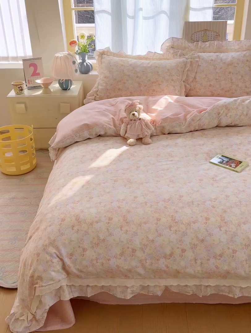 91家纺网 家纺一手货源 找家纺 乐童家纺 2026新款纯棉双层花边小清新系列四件套 玫瑰花园