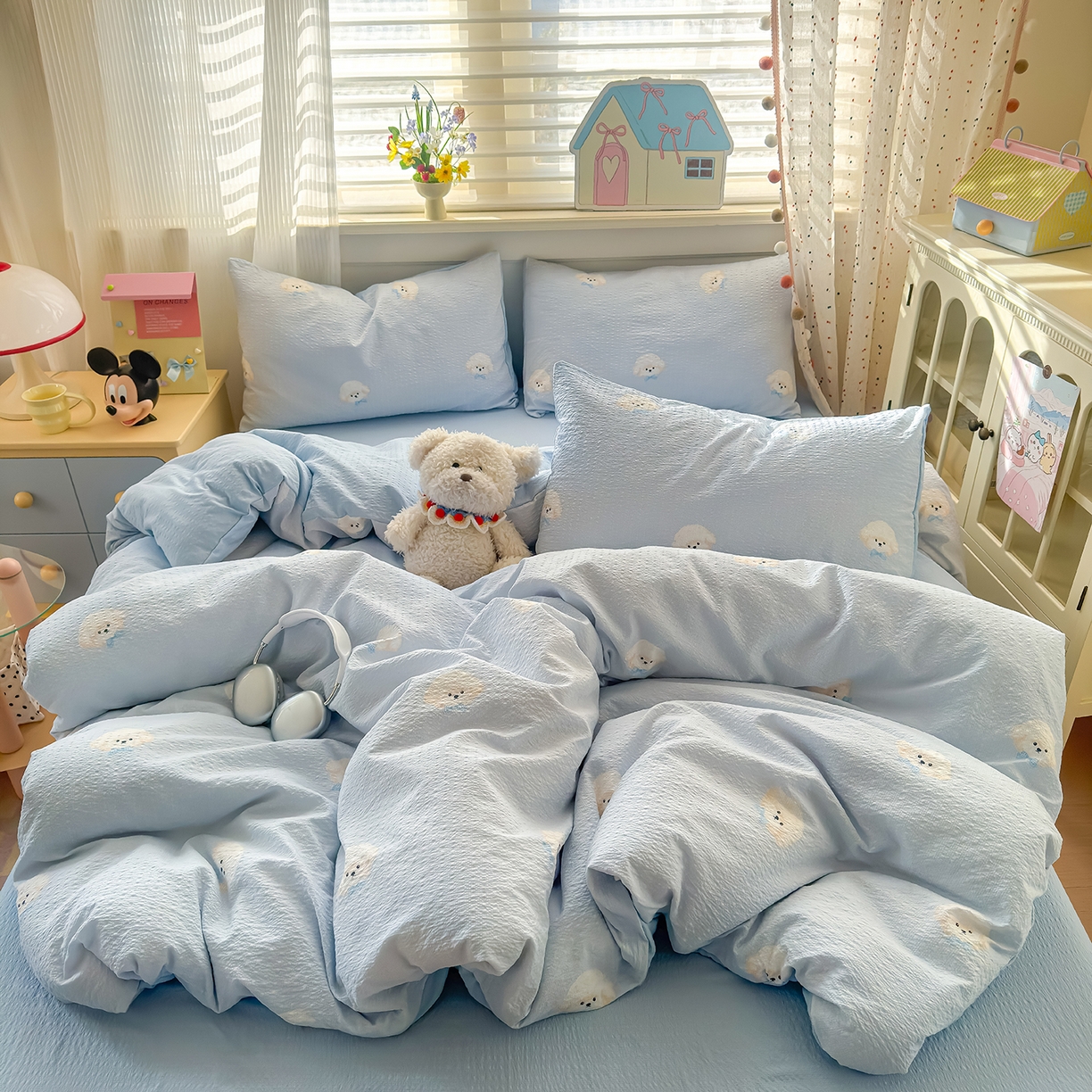 91家纺网 家纺一手货源 找家纺 （总）优承佳生活馆 2026新款卡通小清新风格高克重超柔软糯泡芙双层纱面料三件套四件套单被套系列 （提供买家秀）