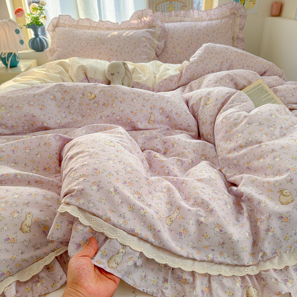 乐童家纺 2026新款纯棉双层花边小清新系列四件套 紫罗兰的梦