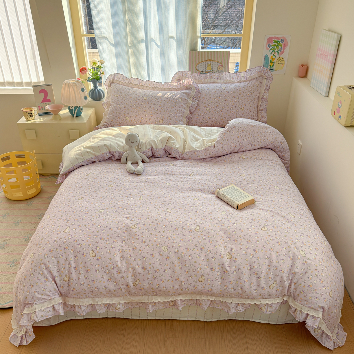 91家纺网 家纺一手货源 找家纺 乐童家纺 2026新款纯棉双层花边小清新系列四件套 紫罗兰的梦