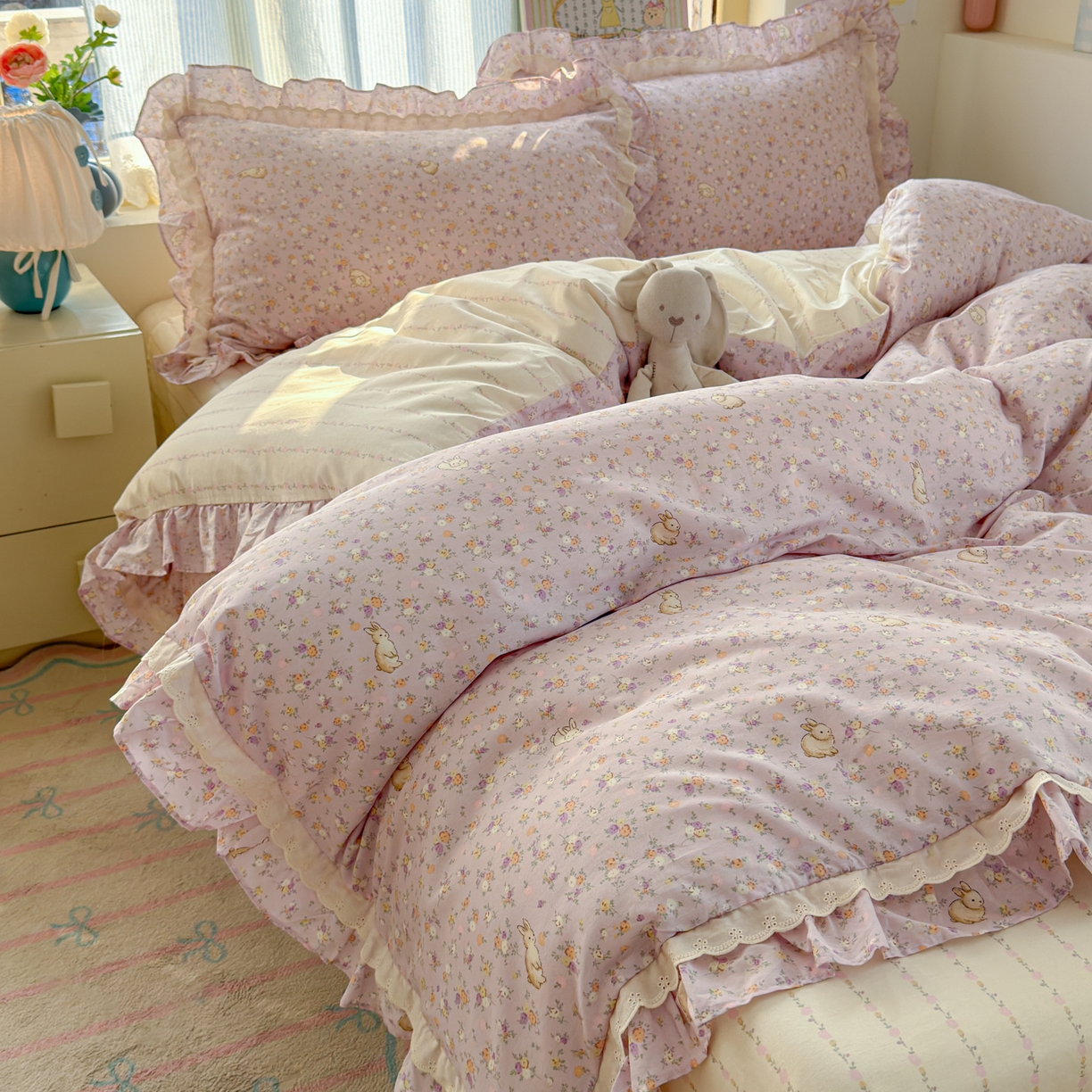 91家纺网 家纺一手货源 找家纺 乐童家纺 2026新款纯棉双层花边小清新系列四件套 紫罗兰的梦