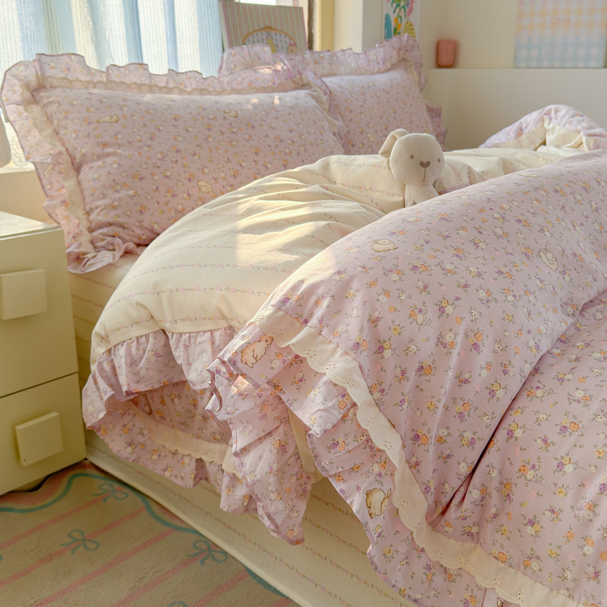 91家纺网 家纺一手货源 找家纺 乐童家纺 2026新款纯棉双层花边小清新系列四件套 紫罗兰的梦