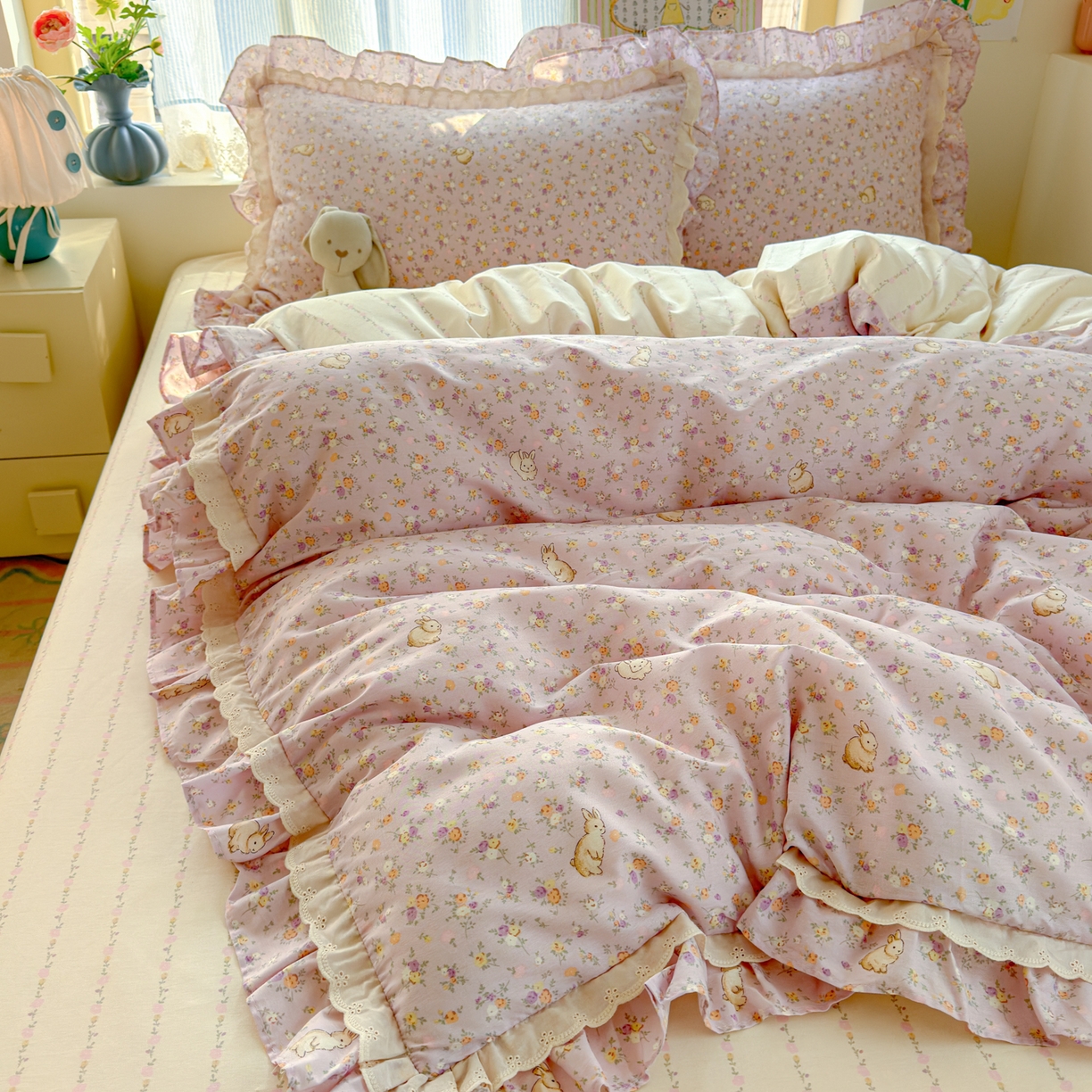 91家纺网 家纺一手货源 找家纺 乐童家纺 2026新款纯棉双层花边小清新系列四件套 紫罗兰的梦