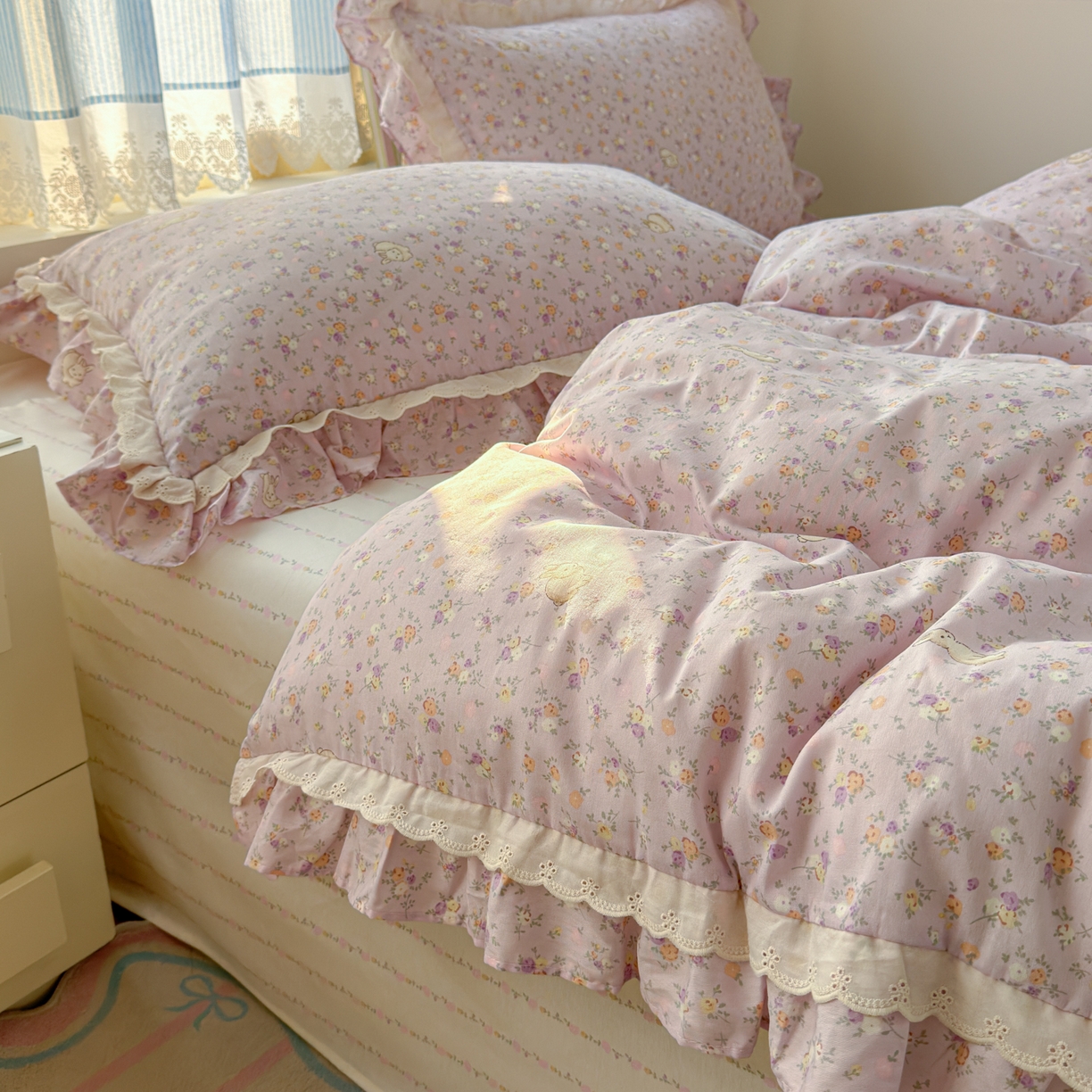 91家纺网 家纺一手货源 找家纺 乐童家纺 2026新款纯棉双层花边小清新系列四件套 紫罗兰的梦