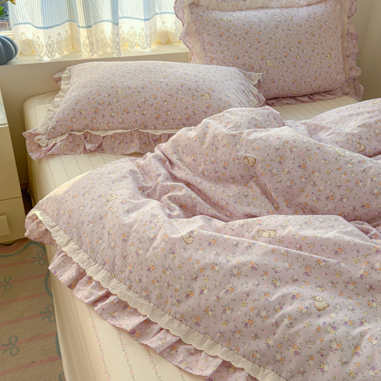 91家纺网 家纺一手货源 找家纺 乐童家纺 2026新款纯棉双层花边小清新系列四件套 紫罗兰的梦