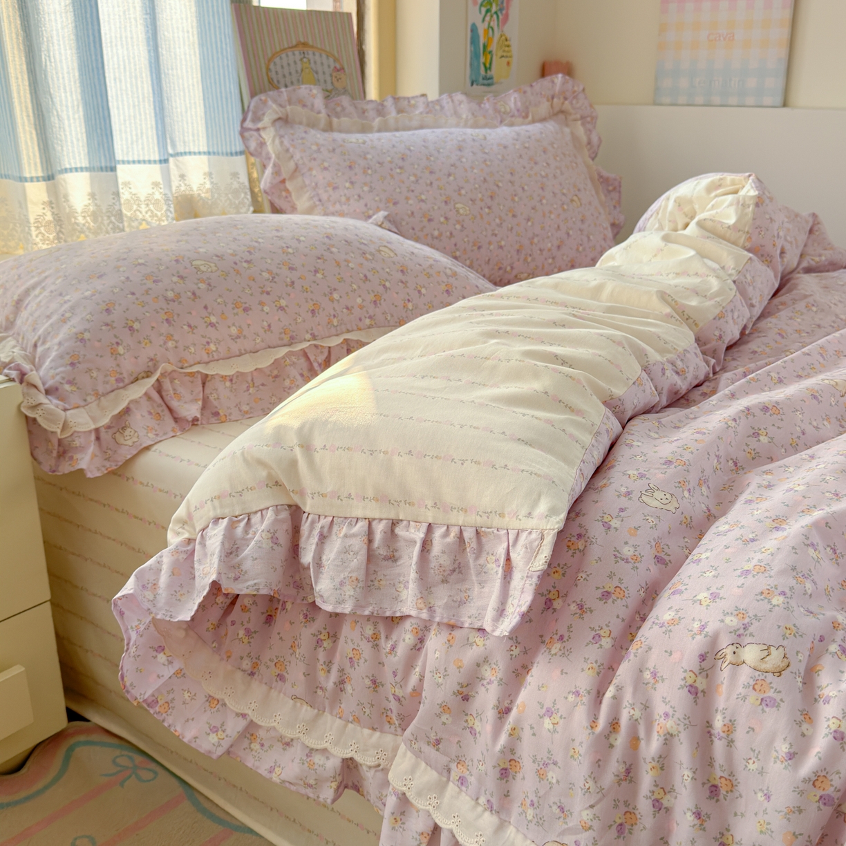 91家纺网 家纺一手货源 找家纺 乐童家纺 2026新款纯棉双层花边小清新系列四件套 紫罗兰的梦