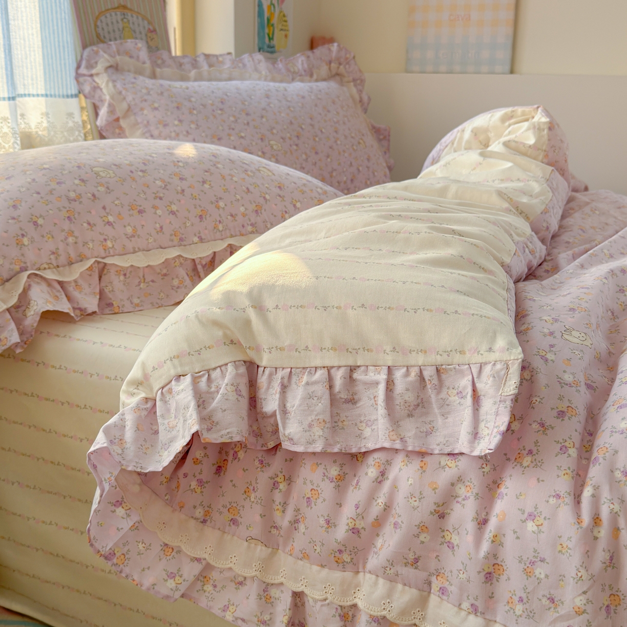 91家纺网 家纺一手货源 找家纺 乐童家纺 2026新款纯棉双层花边小清新系列四件套 紫罗兰的梦