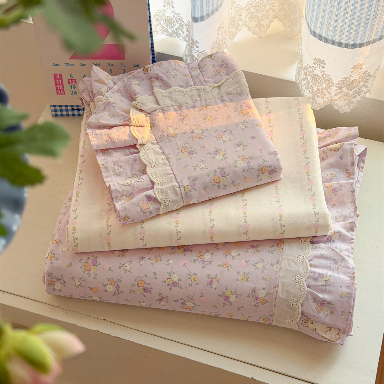 91家纺网 家纺一手货源 找家纺 乐童家纺 2026新款纯棉双层花边小清新系列四件套 紫罗兰的梦