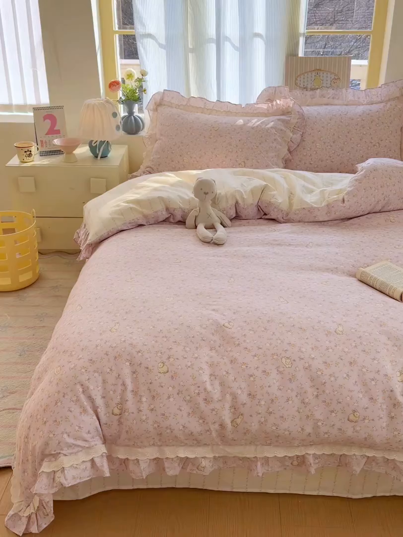 91家纺网 家纺一手货源 找家纺 乐童家纺 2026新款纯棉双层花边小清新系列四件套 紫罗兰的梦