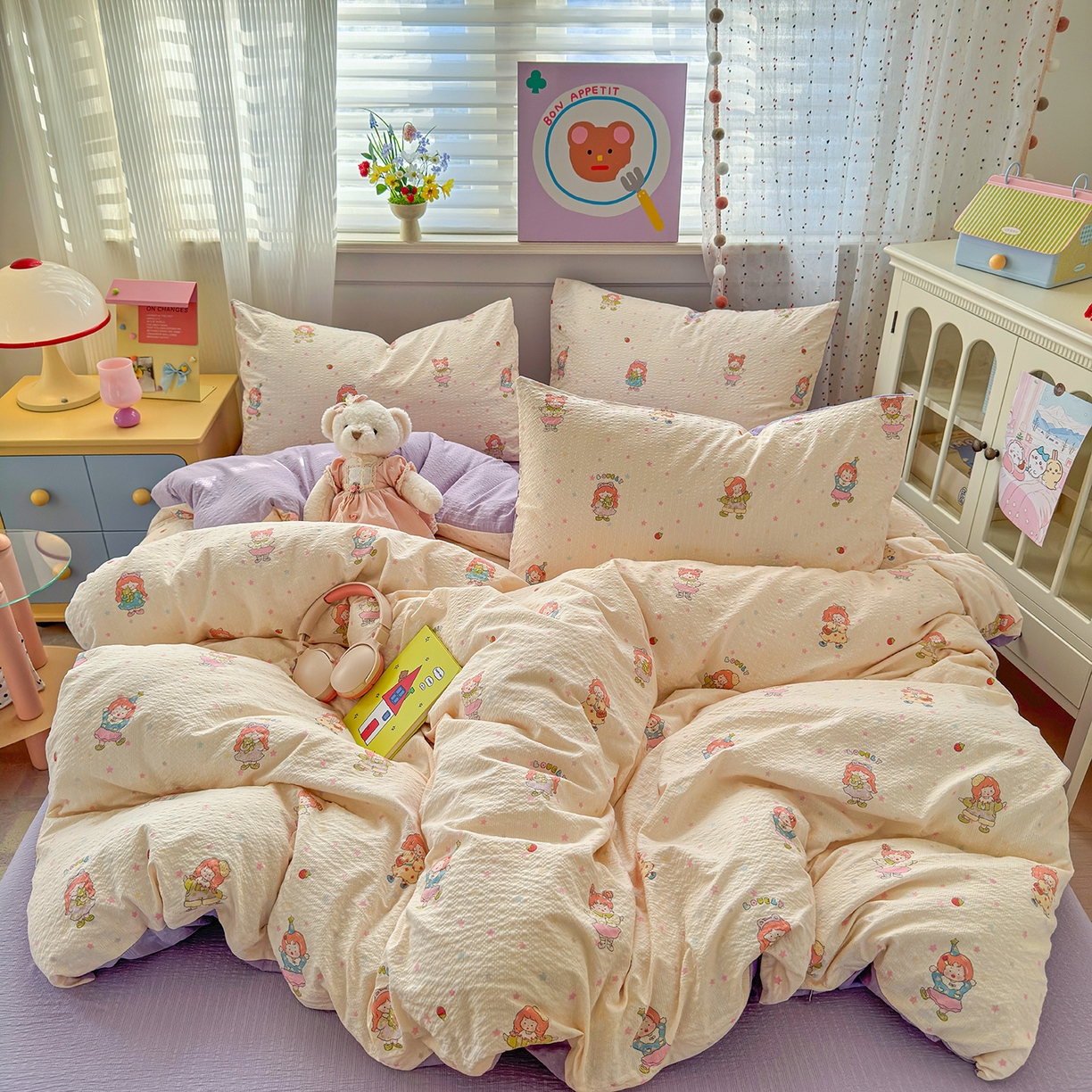 91家纺网 家纺一手货源 找家纺 （总）优承佳生活馆 2026新款卡通小清新风格高克重超柔软糯泡芙双层纱面料三件套四件套单被套系列 （提供买家秀）