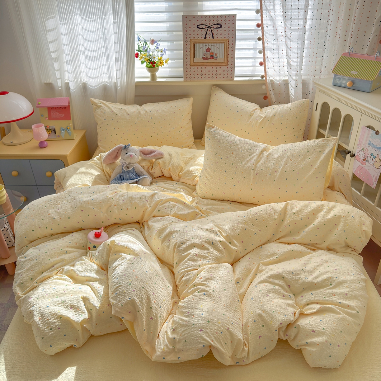 91家纺网 家纺一手货源 找家纺 （总）优承佳生活馆 2026新款卡通小清新风格高克重超柔软糯泡芙双层纱面料三件套四件套单被套系列 （提供买家秀）