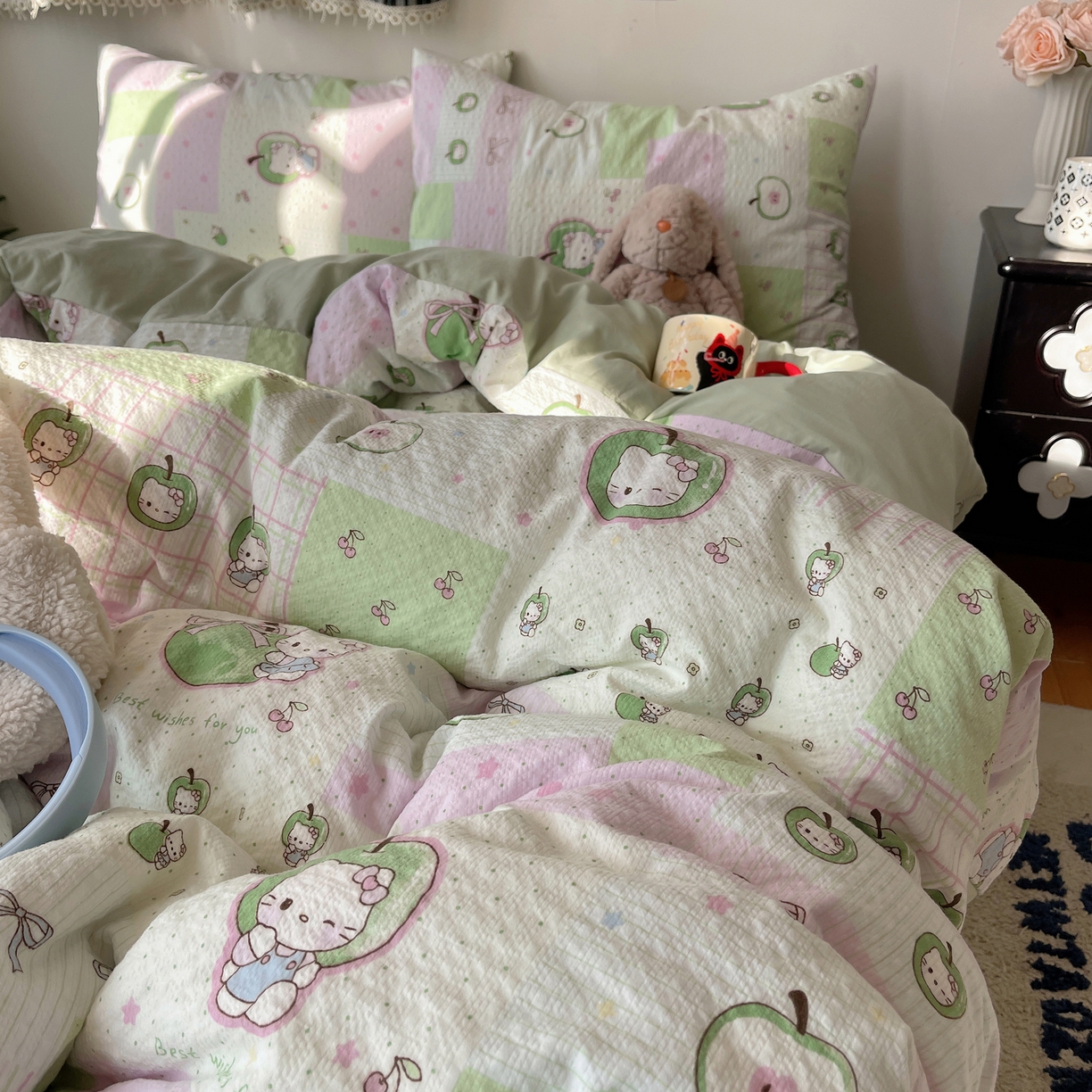 沐芷 2026 高克重110g泡芙棉四件套A类床上用品被套宿舍床单三件套【提供买家秀】 青苹果乐园